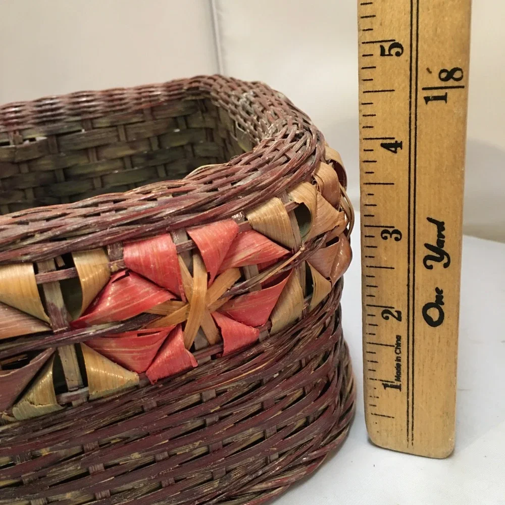 Woven Splint Basket OS Brown Pink Flower Pattern Square Basket Cottagecore